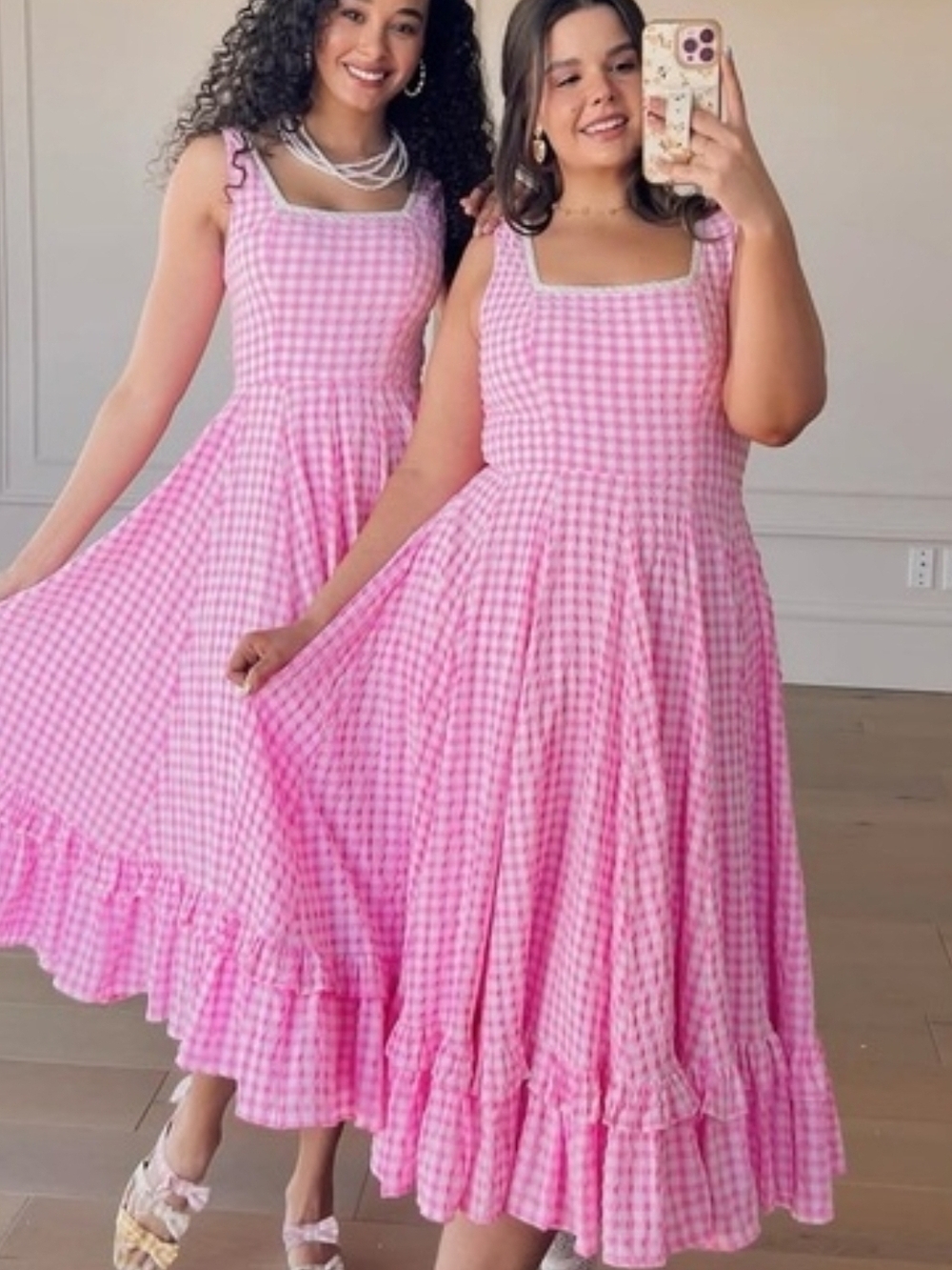 JessaKae Pink Daze Gingham Square-Neck Midi Dress
